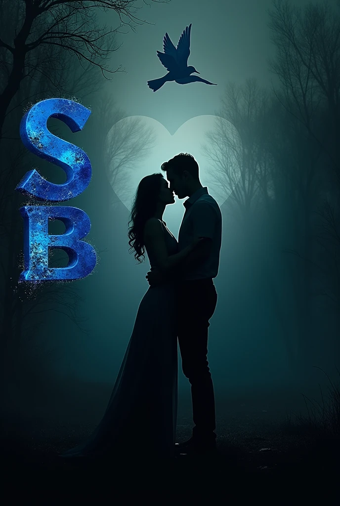 Man and weman dark photo,middle love Sine, left side 3D sort letter S+B colour blue,and layen,background see bitch
, sky blue bird fly