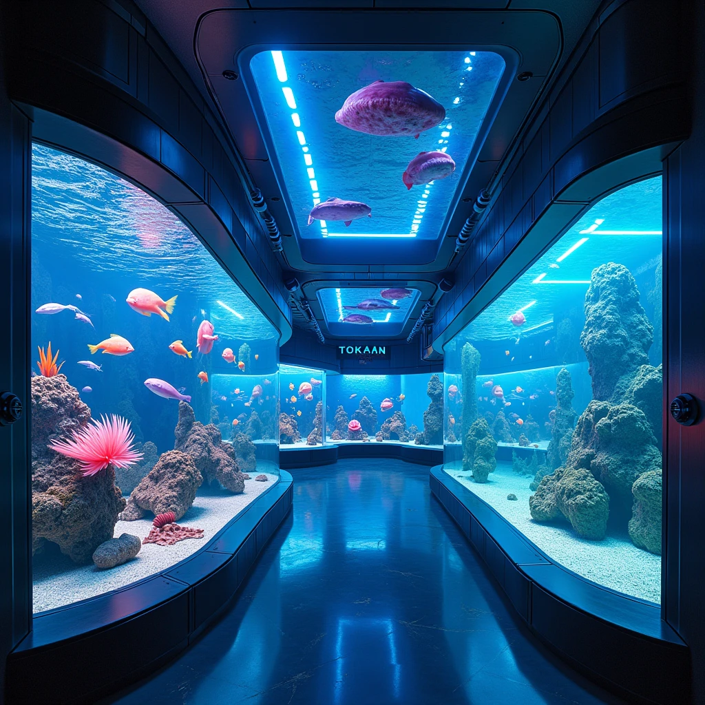 There is a big cyberpunk aquarium, with neon lights and it says TOKAAN on the wall