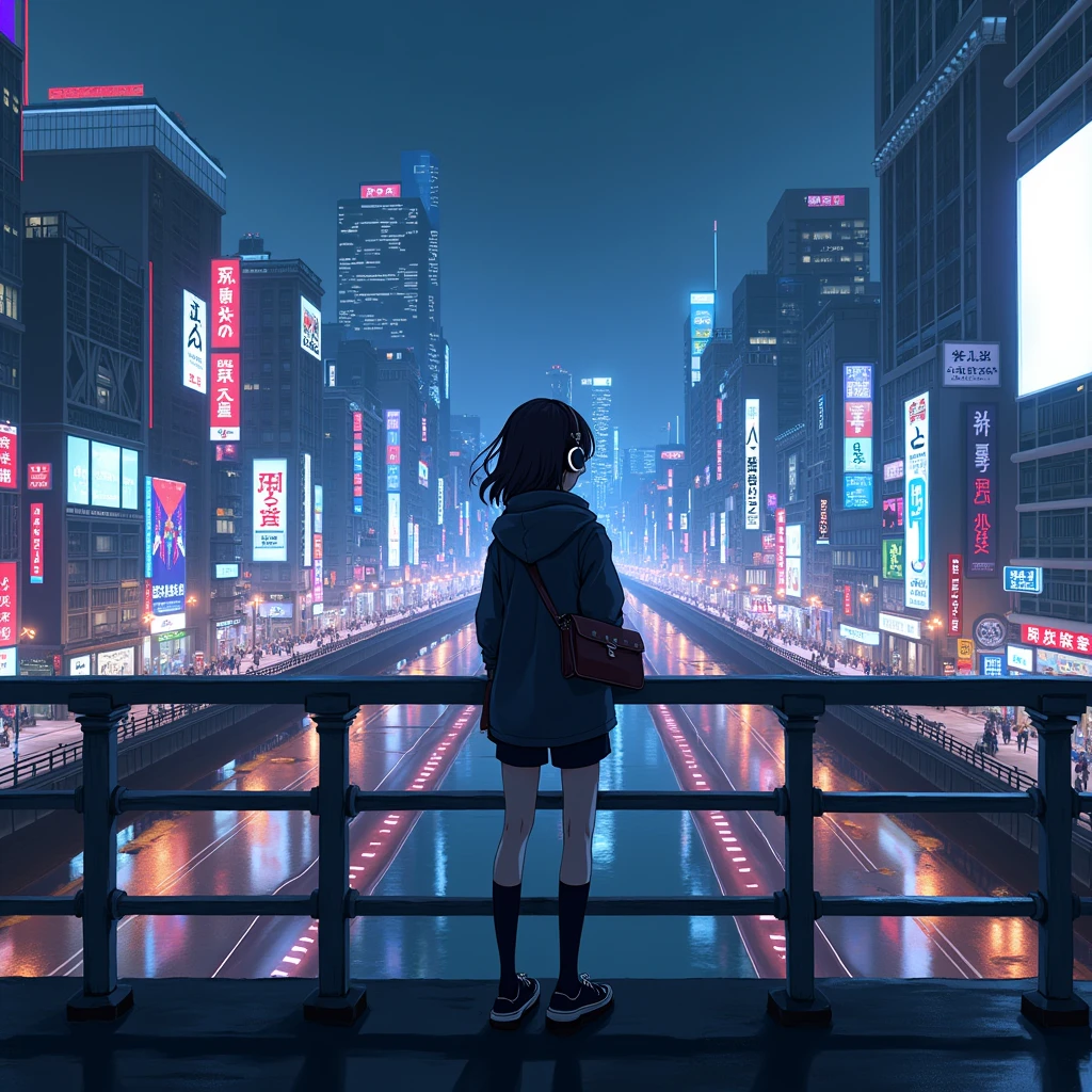 An anime girl in japan looking at the road on a bridge night cyberpunk city vibing to music