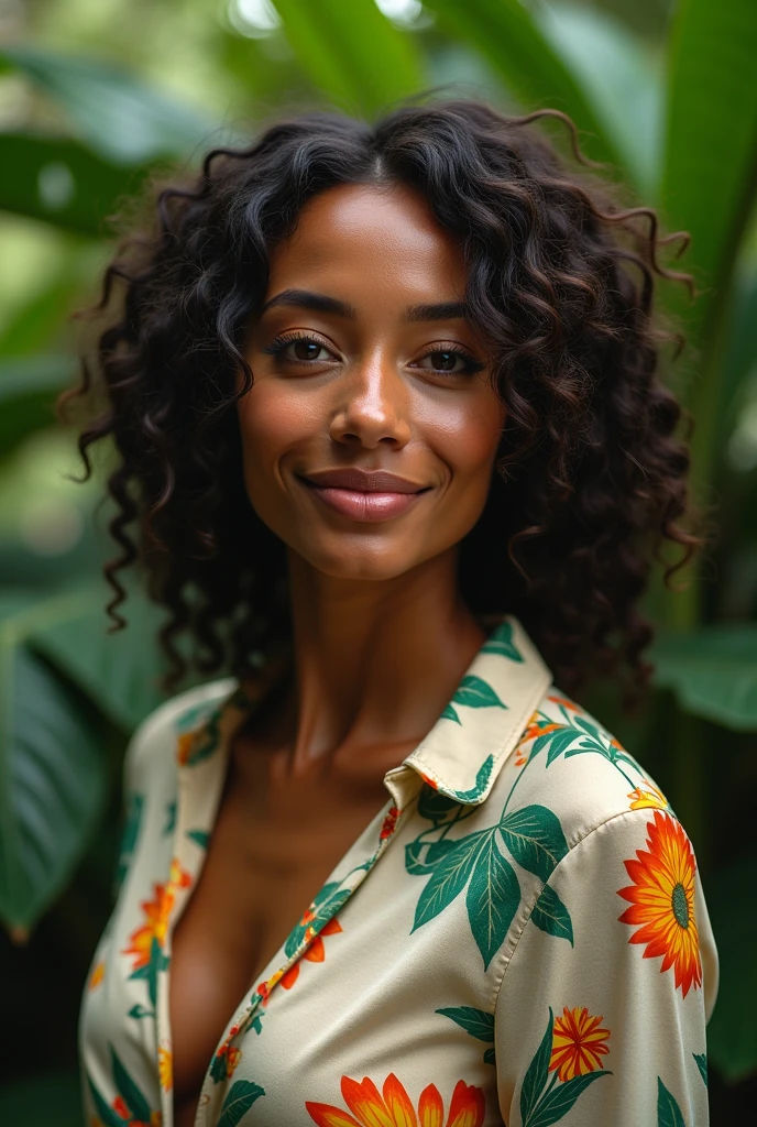 A Brazilian woman in a lush tropical garden, wearing an open shirt with a floral print, with a close-up capturing the harmonious beauty between her breasts and the natural flowers, showing off your natural charm and outgoing personality.