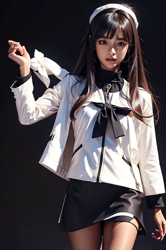 Black background with spotlight, Long eyelashes, Black background with spotlight, White jacket、White mini skirt、Nitocris, beautiful girl、Raise your arm and show your armpit., Brown Skin