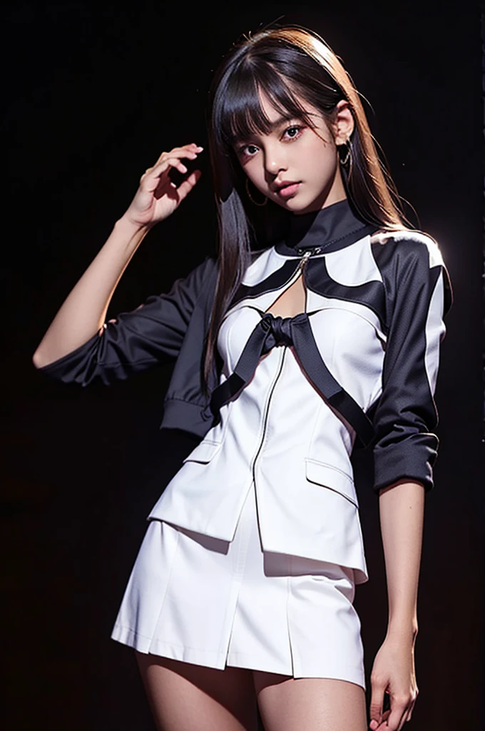 Black background with spotlight, Long eyelashes, Black background with spotlight, White jacket、White mini skirt、Nitocris, beautiful girl、Raise your arm and show your armpit., Brown Skin