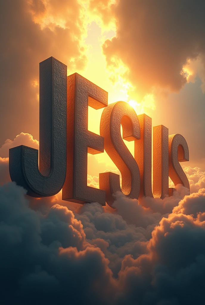 Create an impressive image with the name "jesus" in big letters, thick and in 3D, with a metallic or stone texture for a solid and long-lasting effect. The letters should be illuminated by a celestial glow or rays of light to emphasize their importance.. The background can be a dramatic sky with deep clouds and golden or blue tones., creating a strong contrast and highlighting the grandeur and strength of the name.
