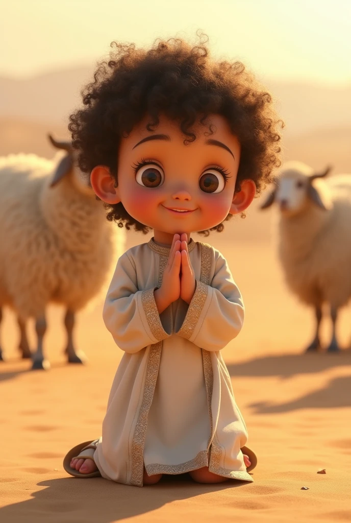 a young jew, Full-body image, (((7 years old))), ((Pixar-style)), ((Caucasian skin)), (((Curly hair))), moreno claro, wearing a white Jewish dress, jewish sandal, happy and welcoming expression, detailed facial features, complex clothing folds, warm lighting, cinematic composition in the desert with sheep nearby, praying on your knees, rewarded photography