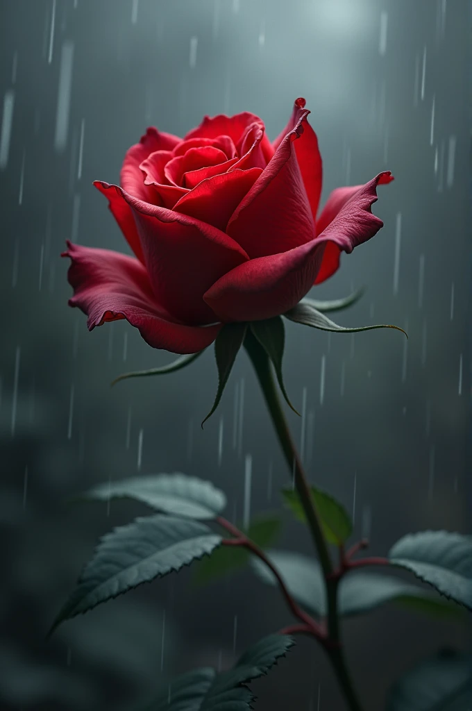 Red rose tilted to the left, half fallen, half bright, on a gray background similar to overcast rainy weather