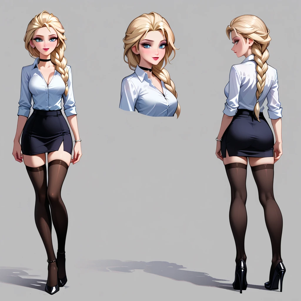 score_9, score_8_up, score_7_up, score_6_up, sketch_sheet, solo, BREAK 1girl, (Elsa, blonde, braid:1.3), dominant gorgeous girl, same character, BREAK perfect lips, tall, choker, (Sexy Office Lady), short black skirt, thigh slit, white shirt, thigh highs, high heels, BREAK frontal body view, back body view, Depth, Many parts, Multiple poses and expressions, BREAK highly detailed, (ultra-detailed), (best illustration), (best shadow), (absurdres), BREAK (very aesthetic), (4k, intricate), (full-body-shot:1), (detailed face:1.2).