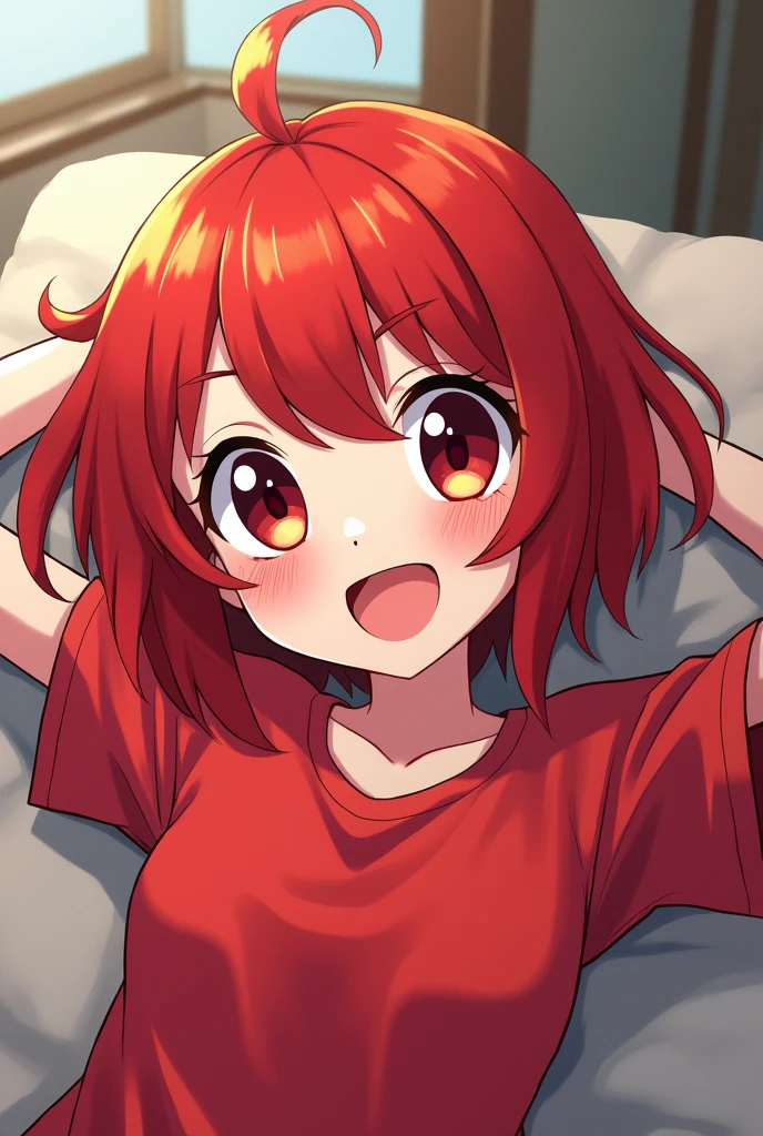 A cool, red-haired, mashed-up guy who looks a bit like an anime character.、I think red clothes and white skin would be good. Like Crayon Shin-chan. Lying down and slacking off.