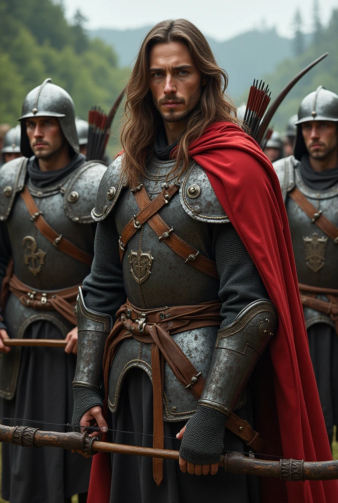 Short Italian soldiers, 27 years old, long brown hair, gray eyes, wearing sturdy medieval armor. The soldier holds a bow of arrows