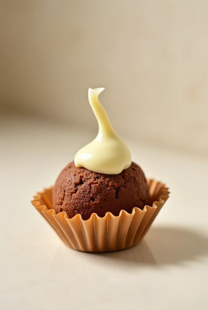 Plain corn brigadeiro with white chocolate topping in a small mold, logo confectionery