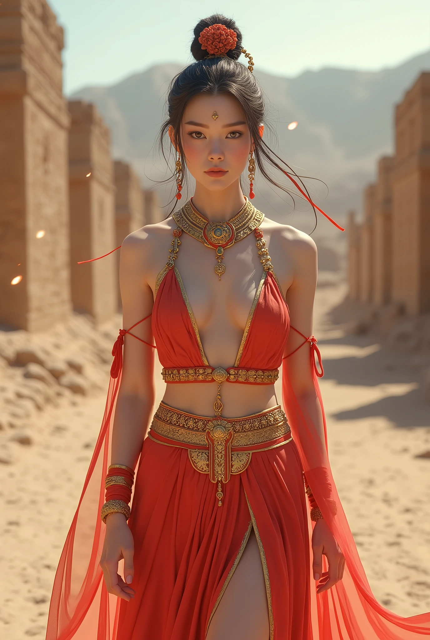 (8k, RAW photo, best quality, tmasterpiece:1.2), (realistic, photo-realistic:1.4), (Extremely detailed CG unity 8k wallpaper), (1 girl:1.5),Beauty of the Western Regions,(Red clothes:1.4),There are red spots on the forehead,Pale skin,Blushlush,largeeyes,full bodyesbian,upper legs,Open navel,chest looming,Gold-tone waist chain,golden ornaments,Flying ribbons,Particle,The background is the ancient city of Loulan, Ancient city walls,A desert,dance, dunhuang_dress, dunhuang_style,