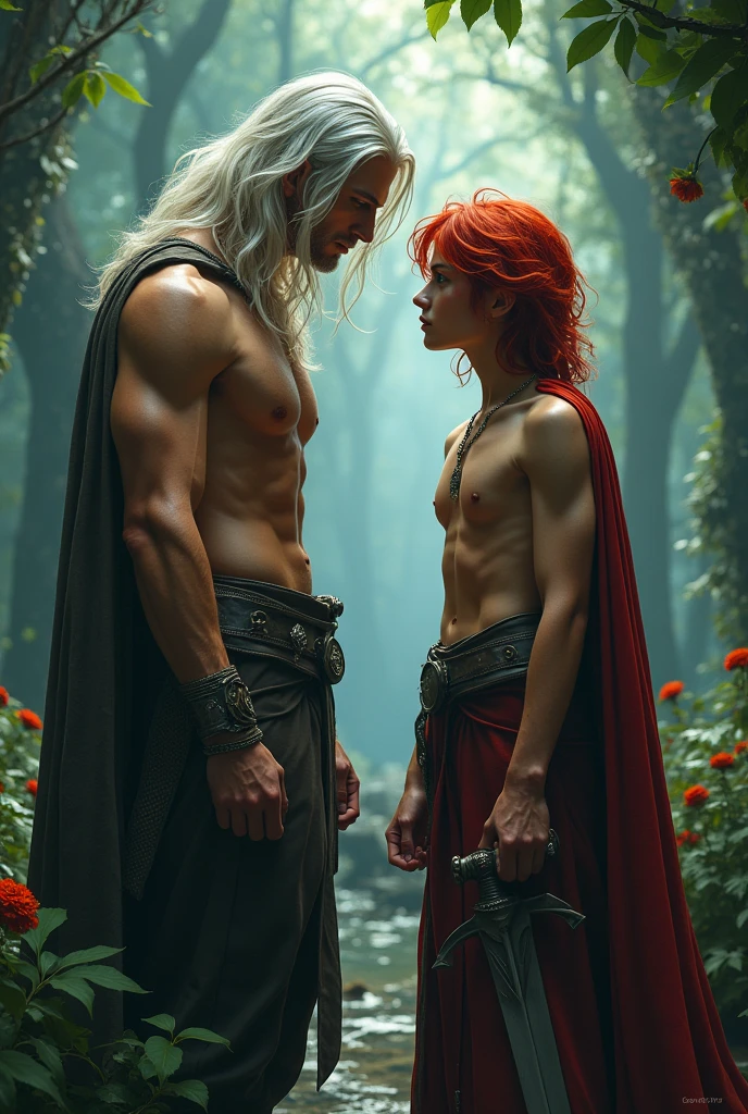 two mens, an 18 year old young man, short red hair, thin body and red hair, and a man with long white hair and a youthful appearance similar to Henry Cavill, with animal leather pants, bare chest and holding a sword, much taller and stronger than the red-haired man, muscular man facing an evil-looking red-haired woman in the enchanted forest