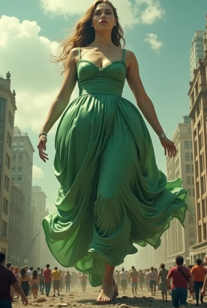 A women wearing green satin elegan her size increases and becomes a giant destroying citys she farts and people are running from her
