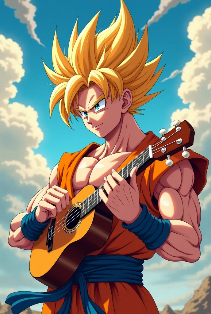 Tattooed Goku and bodybuilder on the beach, smoking and playing guitar, 16k, ultra realistic