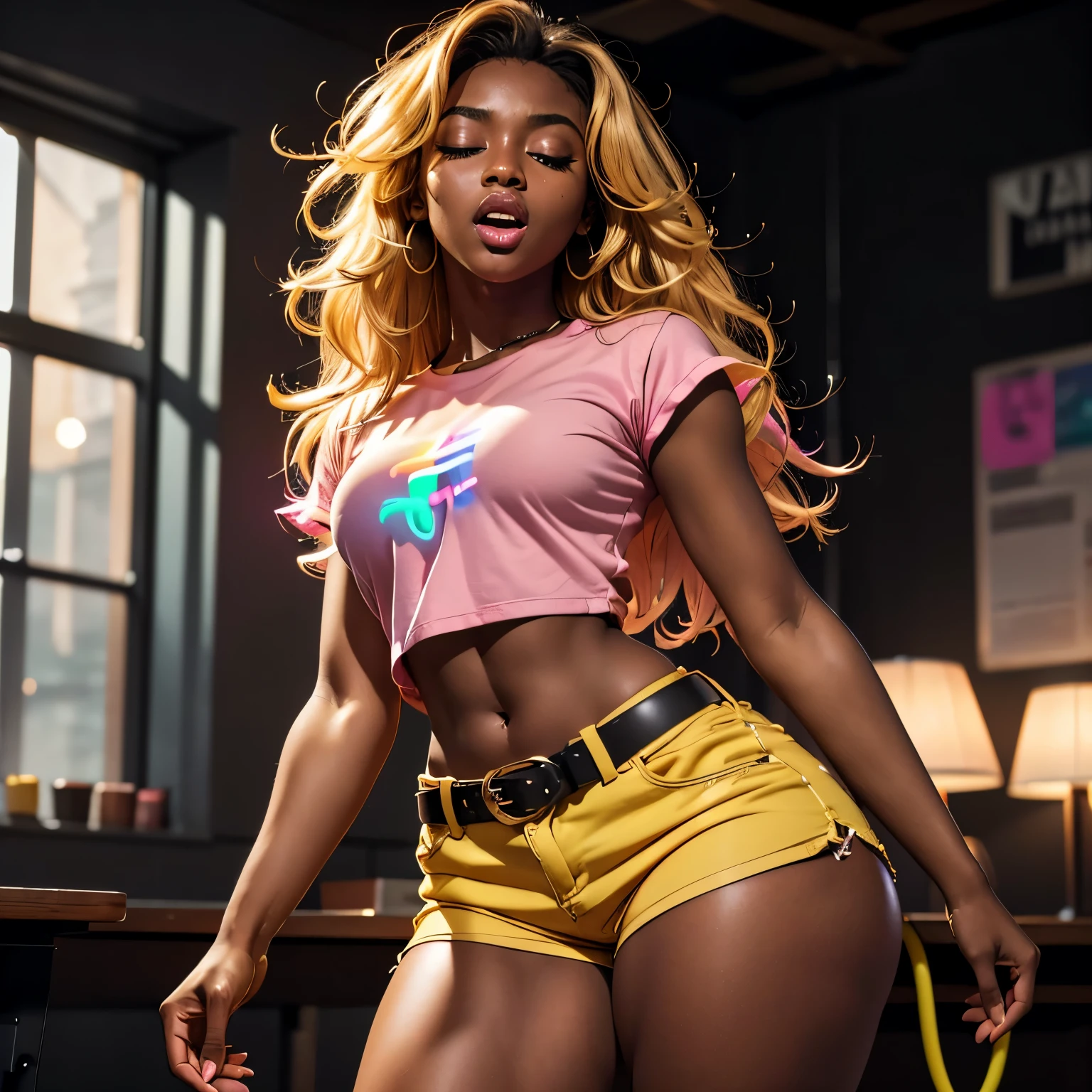 
in classroom, (18 years old), (dark skin), dark skin, wide shot, blond hair, orgasm, (yellow button down top, pink shorts with belt), (Masterpiece, Professional lighting, 16k, 8k wallpaper, raw photo, photorealistic:1.8, ultra detailed, natural lighting, detailed skin sexy pose, open mouth, big lips, night time, eyes closed, magic energy, neon light, orgasm, screaming,