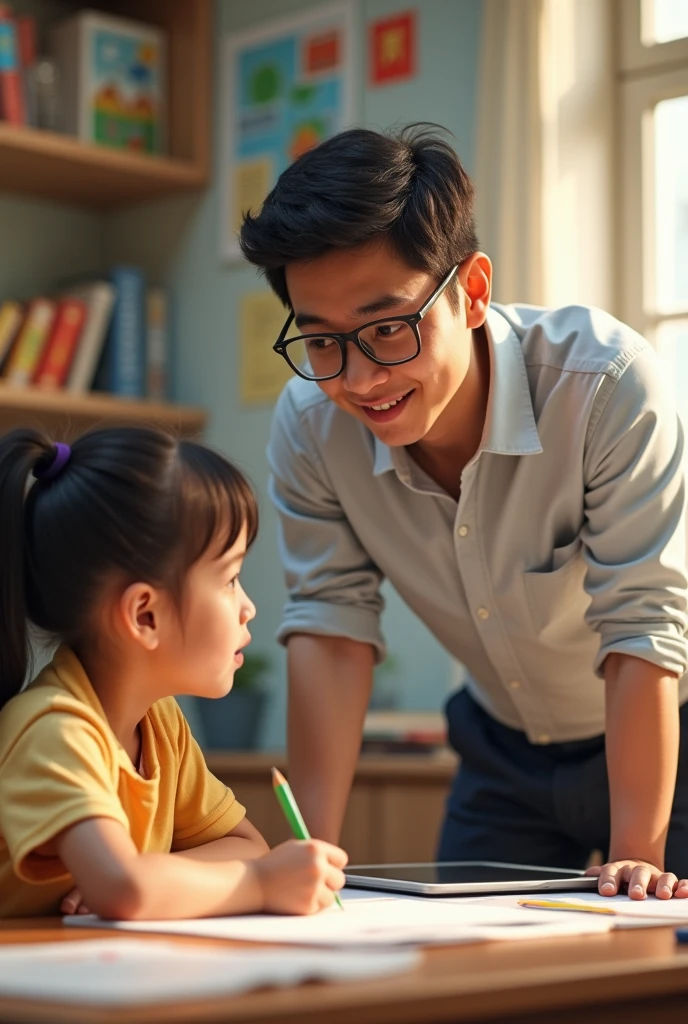 Private elementary school tutoring by a young male teacher with glasses