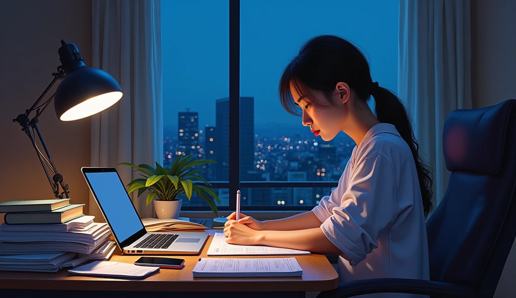A stunning oil painting of a young beautiful Korean woman studying, her elderly parents feel proud at her, beautifully portrayed with a lost and melancholic expression. In the soft glow of a study lamp, a she sits in her comfortable chair, surrounded by the organized chaos of study materials. Her desk is cluttered with open books, a laptop, and a mobile phone, each item a tool in her quest for knowledge. The window beside her at a distance, reveals the deep blue of night time, with the city lights faintly glimmering in the distance. The room is bathed in a warm, focused light that contrasts with the cool darkness outside, creating a serene, studious atmosphere., adding to the sense of unease. The painting exhibits a dream-like, impressionistic style, with visible brushstrokes that create a sense of depth and texture. The color palette primarily consists of deep purples, greys, and blacks, evoking a depressive atmosphere. side view