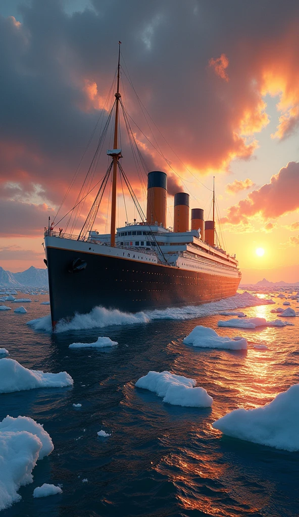 Create an image featuring the phrase "The Titanic: A Voyage to Remember" prominently displayed. The background should depict the majestic Titanic sailing through icy waters, with a dramatic sunset illuminating the scene. Include elements like icebergs in the distance and a sense of grandeur, capturing the essence of the ship's ill-fated maiden voyage.write on image Titanic: A Voyage to Remember" prominently displayed.