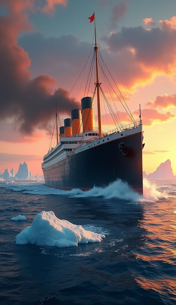 Create an image featuring the phrase "The Titanic: A Voyage to Remember" prominently displayed. The background should depict the majestic Titanic sailing through icy waters, with a dramatic sunset illuminating the scene. Include elements like icebergs in the distance and a sense of grandeur, capturing the essence of the ship's ill-fated maiden voyage.write on image Titanic: A Voyage to Remember" prominently displayed.