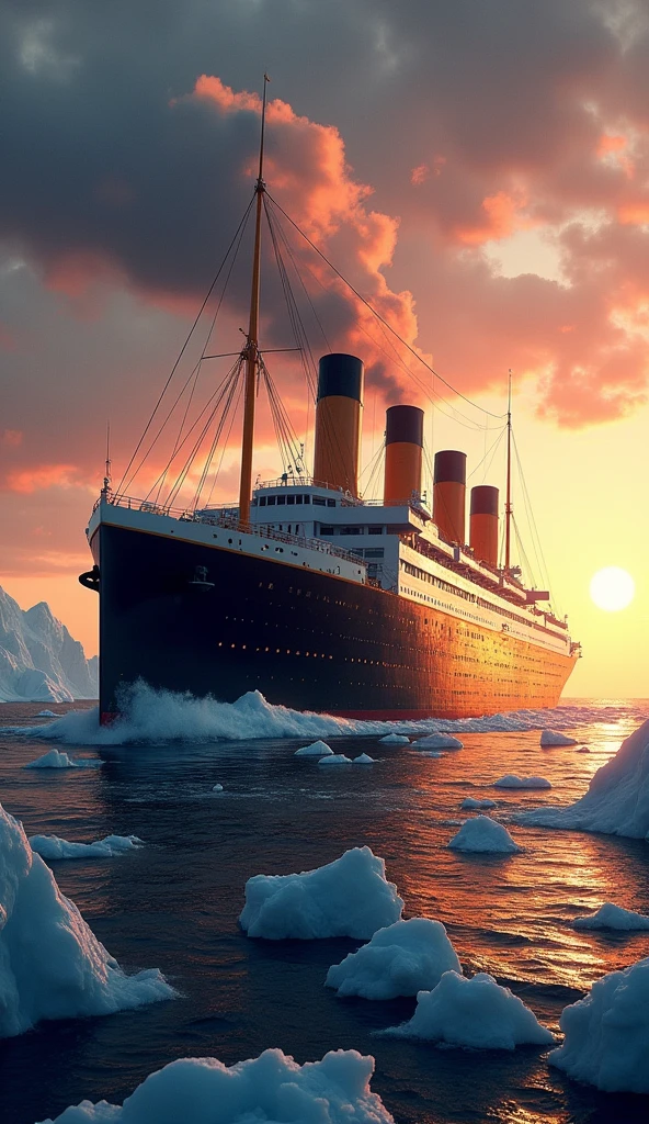 Create an image featuring the phrase "The Titanic: A Voyage to Remember" prominently displayed. The background should depict the majestic Titanic sailing through icy waters, with a dramatic sunset illuminating the scene. Include elements like icebergs in the distance and a sense of grandeur, capturing the essence of the ship's ill-fated maiden voyage.write on image Titanic: A Voyage to Remember" prominently displayed.