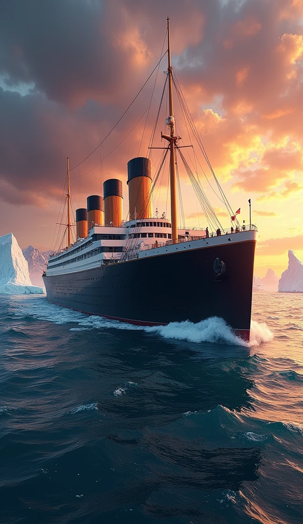 Create an image featuring the phrase "The Titanic: A Voyage to Remember" prominently displayed. The background should depict the majestic Titanic sailing through icy waters, with a dramatic sunset illuminating the scene. Include elements like icebergs in the distance and a sense of grandeur, capturing the essence of the ship's ill-fated maiden voyage.write on image Titanic: A Voyage to Remember" prominently displayed.