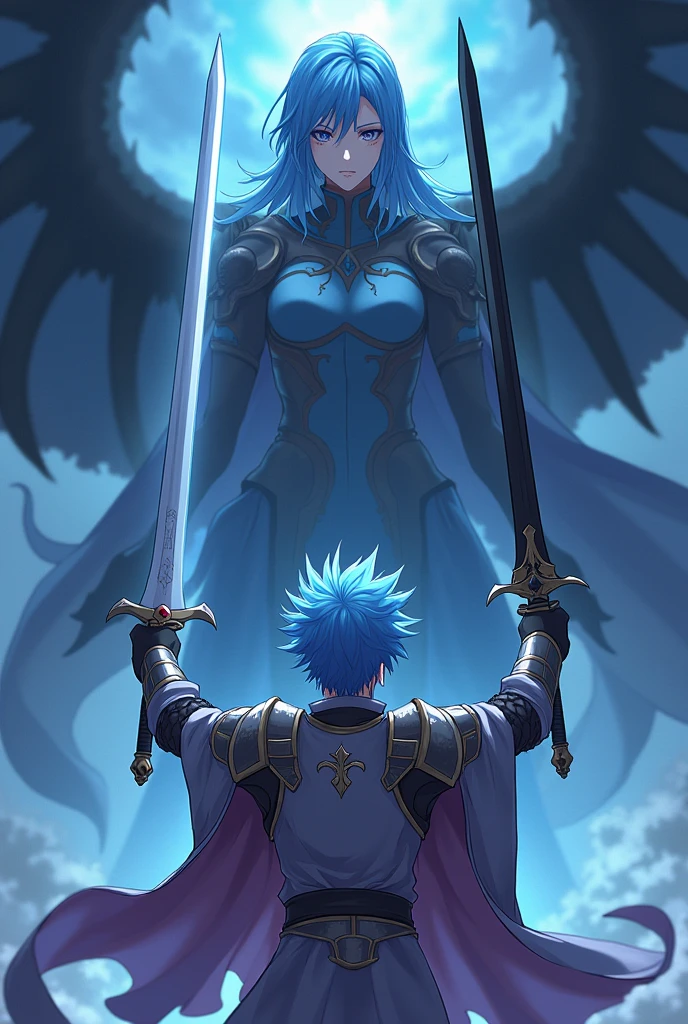 A male anime character with light blue hair. He is a brave knight. His weapons are two holy swords. The first one is a pure white sword with a light aura. The second one is a pitch-black sword with a dark aura. The hero stands facing the female demon lord.