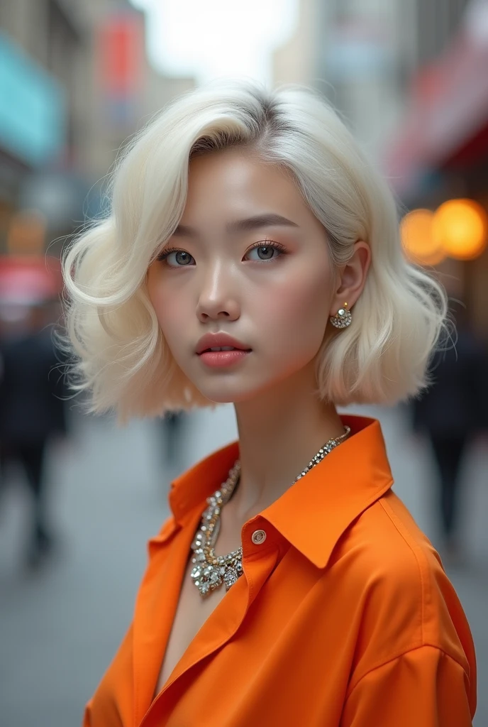 Curled bob cut, platinum hair woman in orange collared shirt posing to take photo in city, 8K artgerm Bokeh, well-proportioned body, beautiful korean woman, gorgeous necklace, beautiful young korean woman, soft portrait shot 8 K, korean girl, double and narrow eyes, beautiful gray eyes, Los Tran 8 K, Cute young woman, Korean woman, beautiful blonde girl