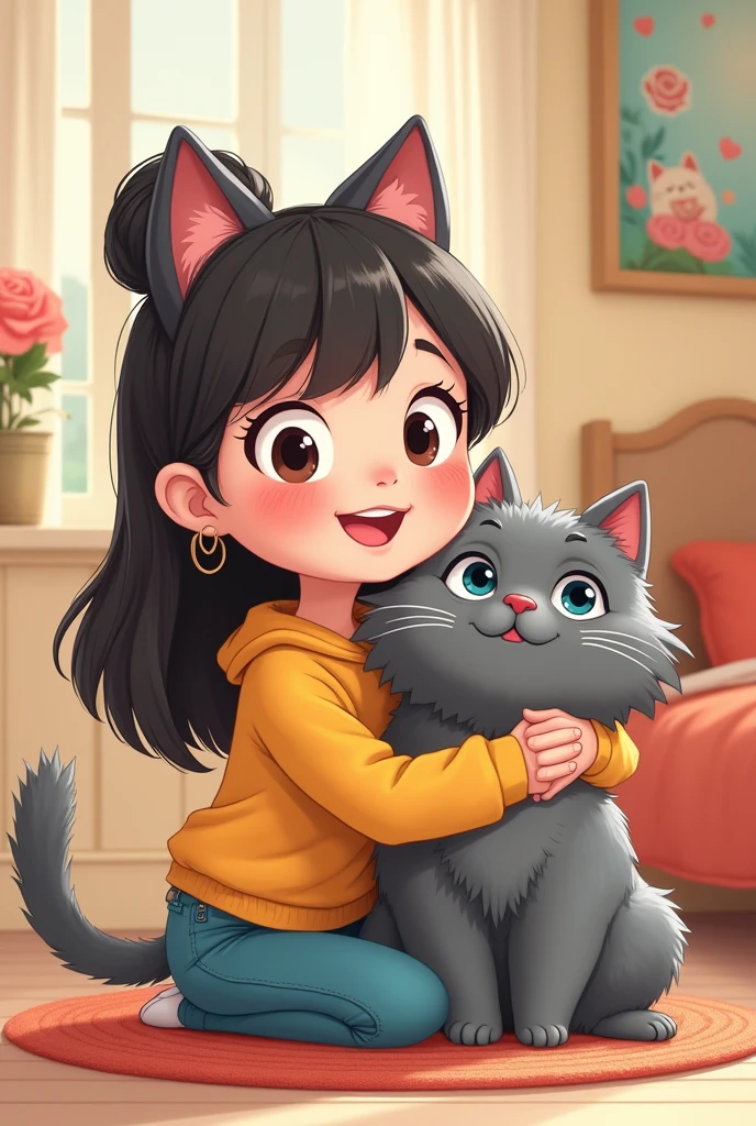 Cartoon photo a girl with her grey cat