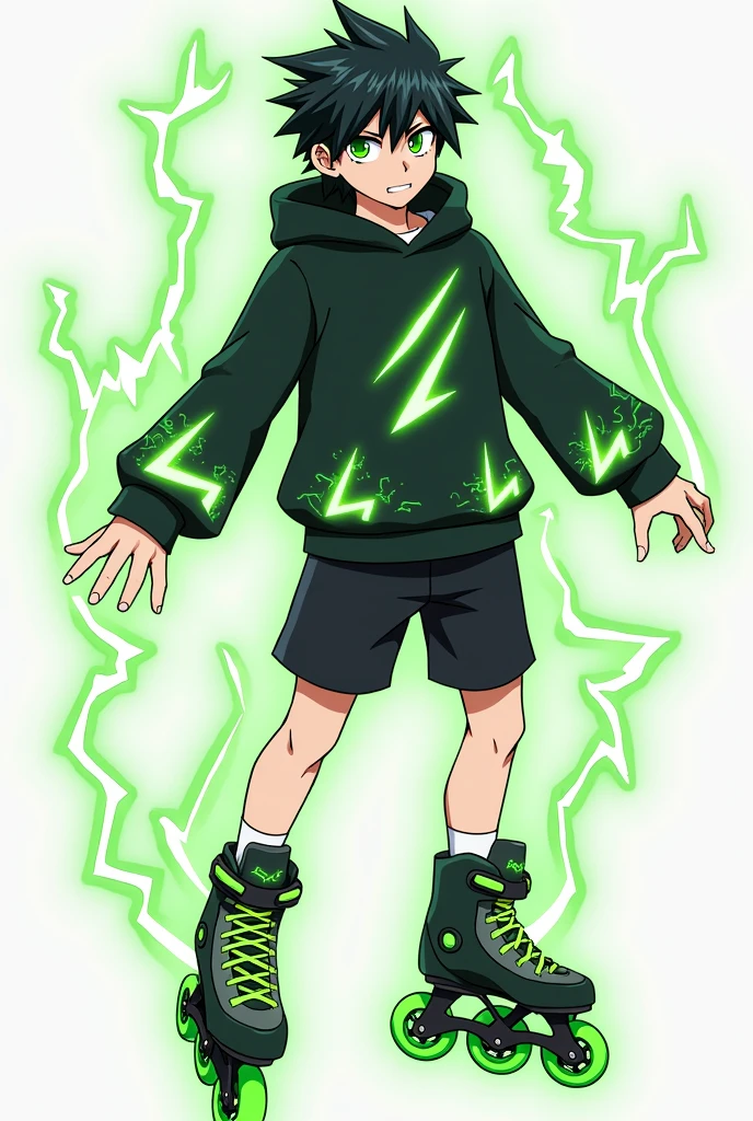 Could you please create an Anime Character. A male character with black hair reaching his ears, bright green eyes, wearing a black hoodie with green lightning around the waist, black shorts, and a silver ring with a subtle lightning pattern. He has a green lightning aura. He schuld wear cool black inline skates with green weehls.  His hair with a bit green in it. He is 23 years old 
