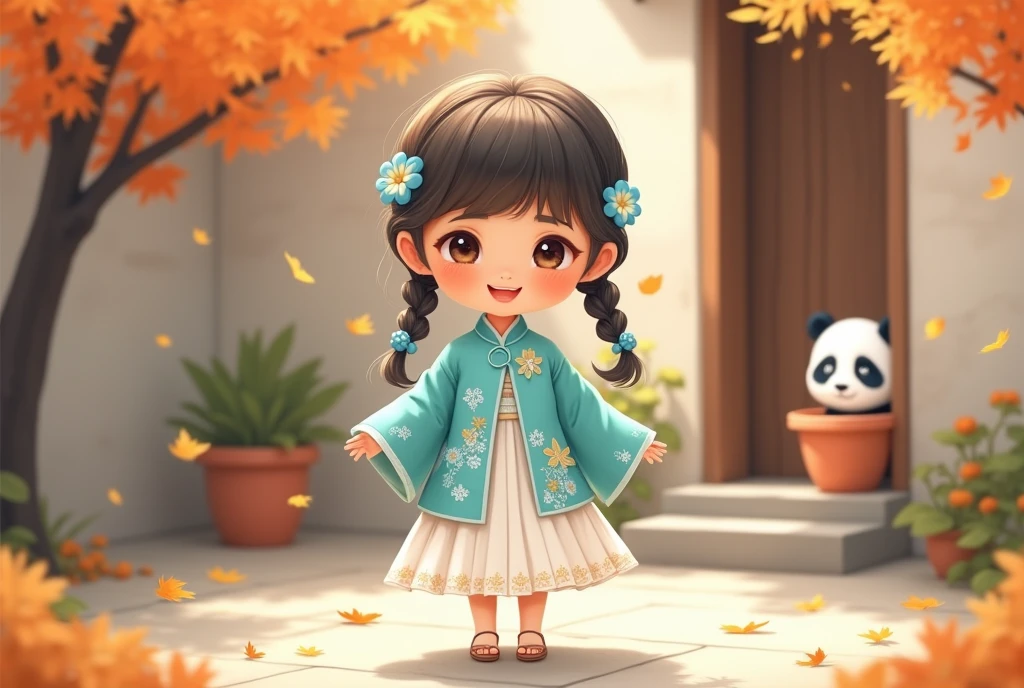 A charming young girl in traditional East Asian attire,cute、Soft cartoon illustration style，featuring a turquoise jacket with floral patterns and a flowing white skirt. She has two playful braids adorned with delicate blue flowers. The scene is set in a serene courtyard with a rustic wall and a wooden door, where a small, adorable panda peeks out from behind a flower pot. Gentle autumn leaves are falling around, adding a whimsical touch to the atmosphere, illuminated by soft, warm sunlight casting gentle shadows on the ground.