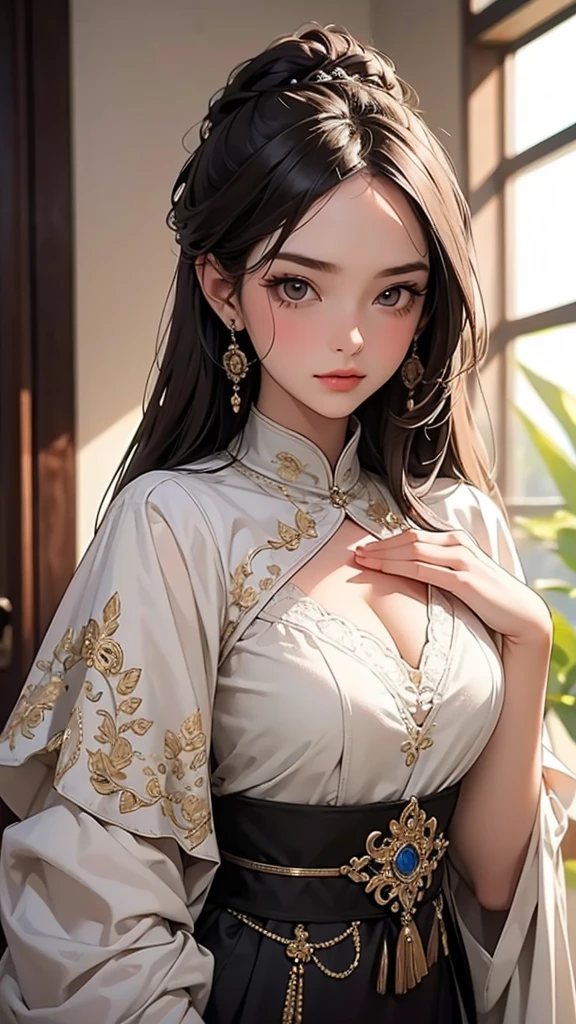 (Tabletop, Digital Art, Digital Illustration, 4K, 8K, Very detailed, Beautiful images, Clear images, Realistic, RAW Photos, Perfect Face, Perfect Lines, Perfect Eyes, Big eyes、Soft lighting) , forehead , masterpiece, best quality, 1 girl, 独奏, small breasts, black chinesedress, black eyes, black hair, shy, hand between legs, breasts out, (nipples:1.2), nsfw:1.2, sitting, upper body, chnese room, (Beijing:1.2)