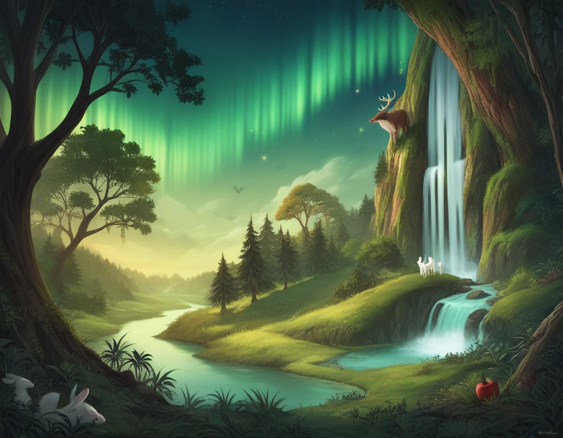 masterpiece, best quality, high quality, cg, 8k, scenery, night, sky, clouds, no man ,lush forest, beautiful waterfall, rainbow, fantasy image, firefly, moonlight, aurora, tree, black snake on tree, apple herd, moose, albino deer, white rabbit,
