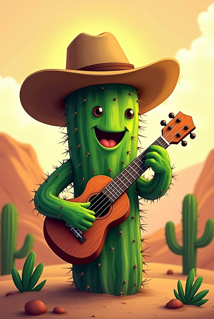 Cactus avec un chapeau de cowboy qui joue du ukulele 