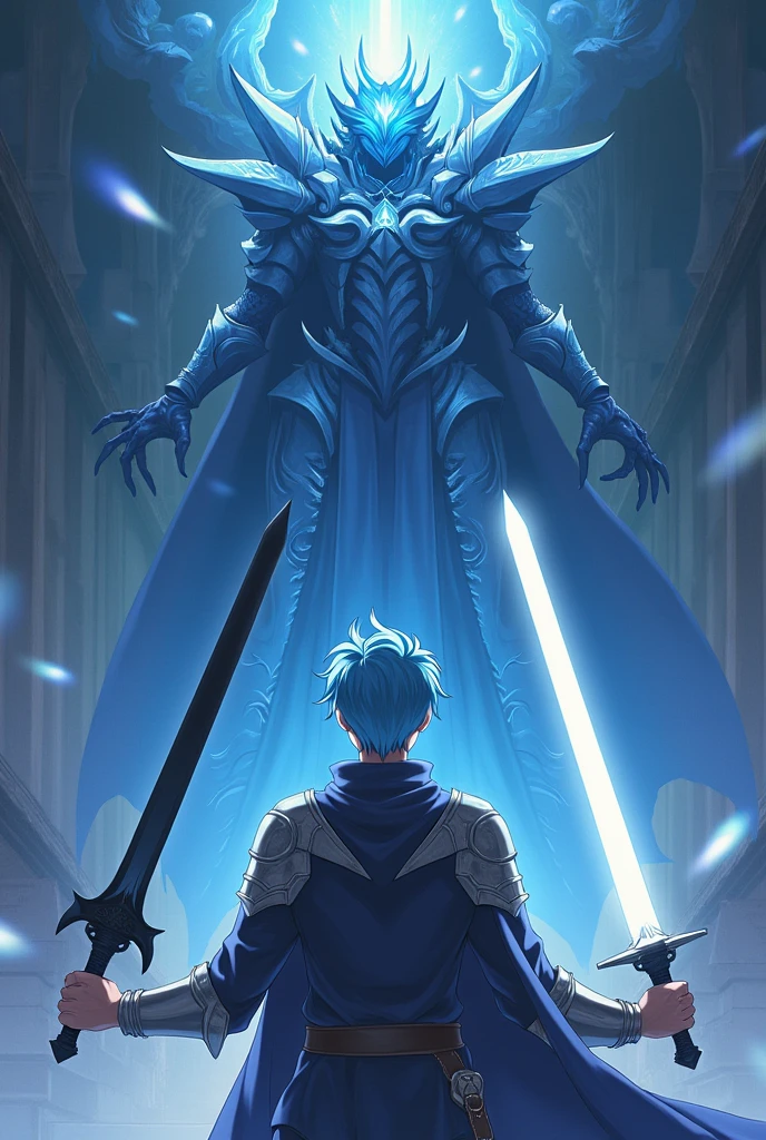 A male anime character with light blue hair. He is a brave knight. His weapons are two holy swords. The first one is a pure white sword with a light aura. The second one is a pitch-black sword with a dark aura. The hero stands facing the female demon lord.