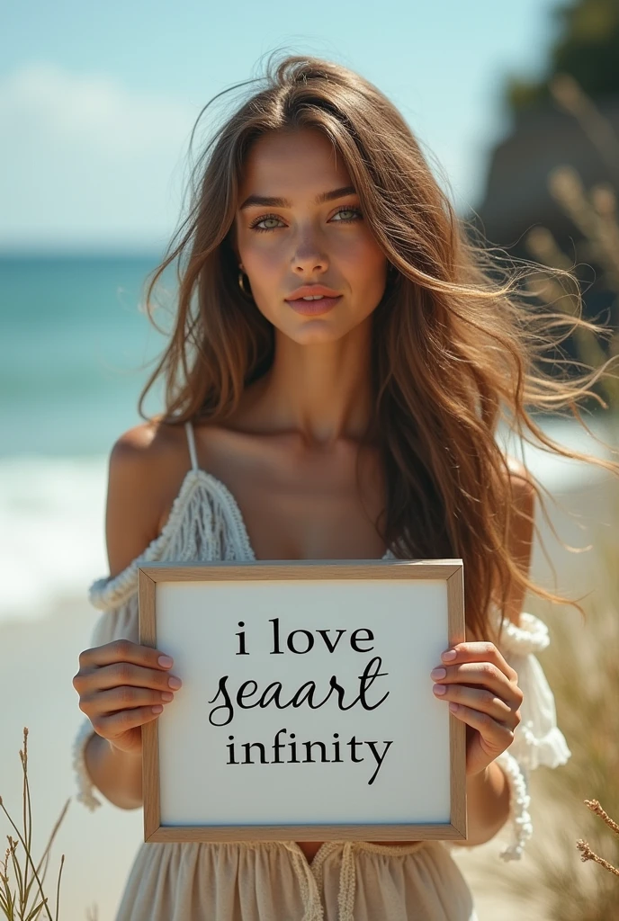 Beautiful girl with wavy long hair, bohemian dress, holding a white board with text "I Love Seaart Infinity" and showing it to the viewer