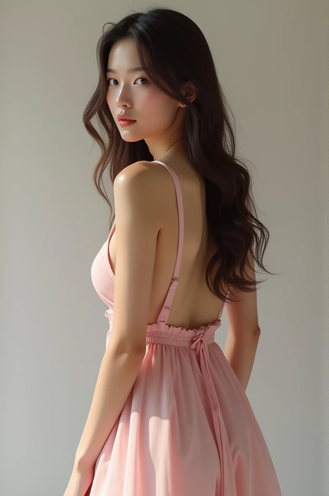 (Photorealism:1.2), Beautiful Woman wearing Light Pink Dress , girl's Back side, showing Her breast with bra