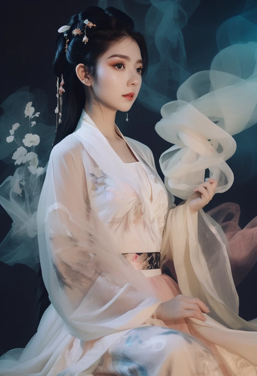 Double Exposure Style,Volumetric Lighting,a girl with Tulle skirt,head tilt,Traditional Attire,Artistic Calligraphy and Ink,light depth,dramatic atmospheric lighting,Volumetric Lighting,double image ghost effect,image combination,double exposure style