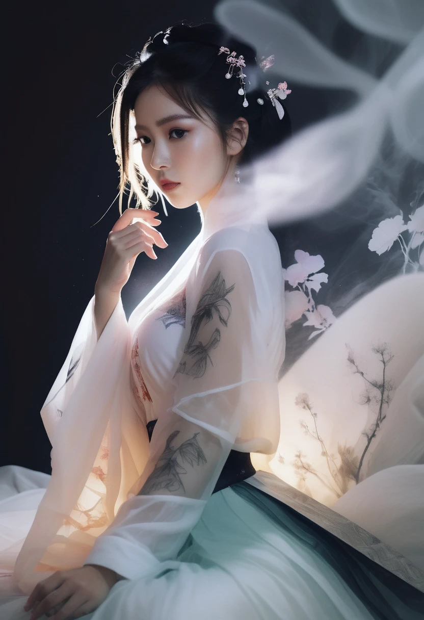 Double Exposure Style,Volumetric Lighting,a girl with Tulle skirt,head tilt,Traditional Attire,Artistic Calligraphy and Ink,light depth,dramatic atmospheric lighting,Volumetric Lighting,double image ghost effect,image combination,double exposure style