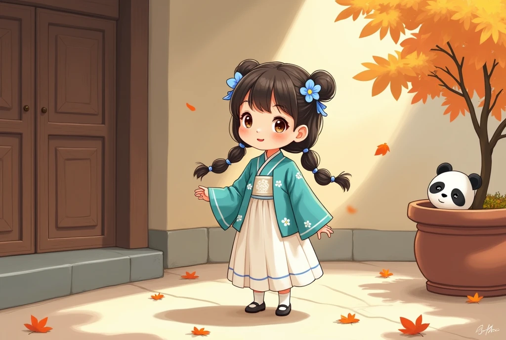 A charming young girl in traditional East Asian attire,cute、Soft cartoon illustration style,featuring a turquoise jacket with floral patterns and a flowing white skirt. She has two playful braids adorned with delicate blue flowers. The scene is set in a serene courtyard with a rustic wall and a wooden door, where a small, adorable panda peeks out from behind a flower pot. Gentle autumn leaves are falling around, adding a whimsical touch to the atmosphere, illuminated by soft, warm sunlight casting gentle shadows on the ground.
