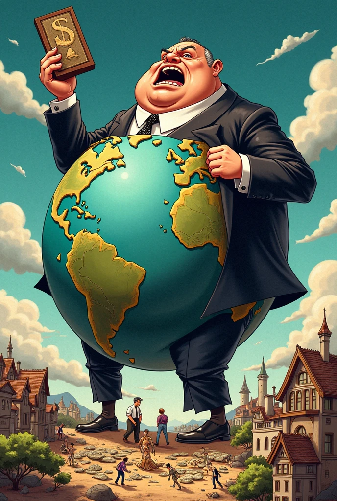 Cartoon showing that there are only a few rich people who are privileged and yet they still want to have the whole world, while the poor have to settle for the leftovers of the rich. That is, like the rich devouring the world. 