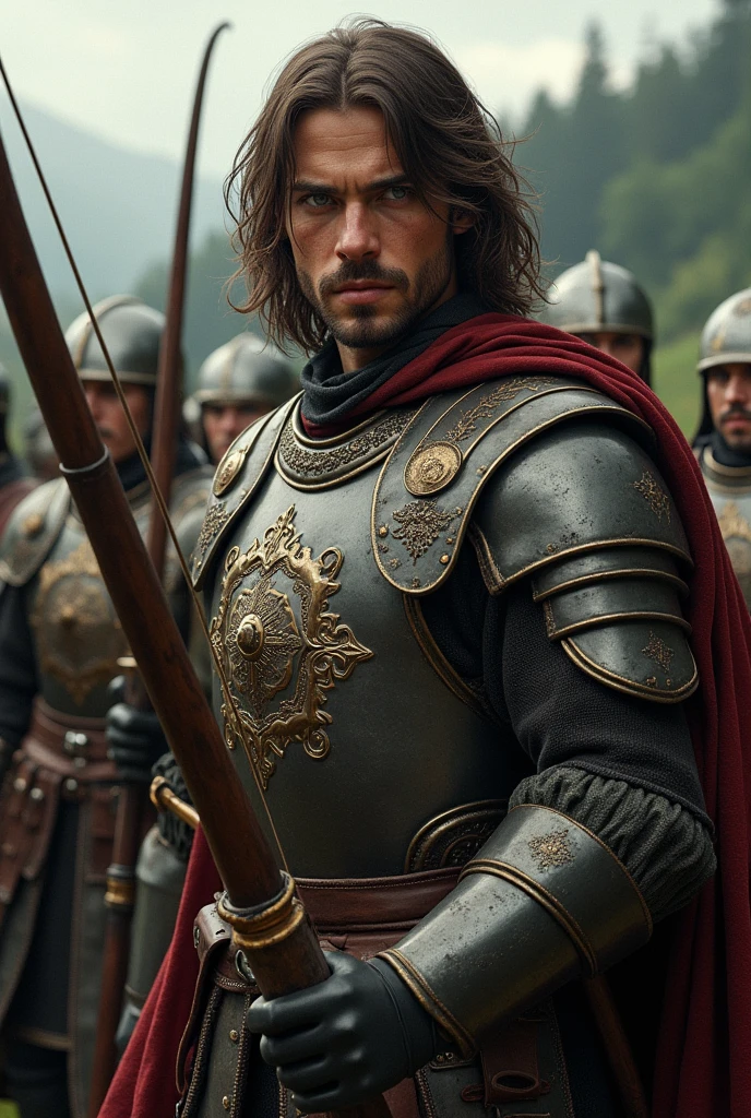 Short Italian soldiers, 27 years old, long brown hair, gray eyes, wearing sturdy medieval armor. The soldier holds a bow of arrows