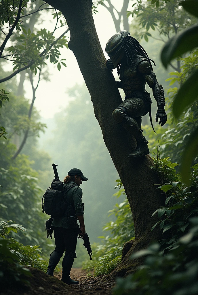 Predator movie character crouched on top of a tree with a soldier on his back below looking for him