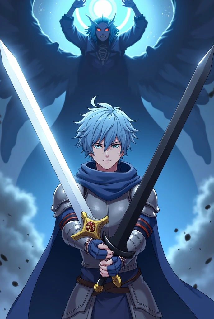 A male anime character with light blue hair. He is a brave knight. His weapons are two holy swords. The first one is a pure white sword with a light aura. The second one is a pitch-black sword with a dark aura. The hero stands facing the female demon lord.
