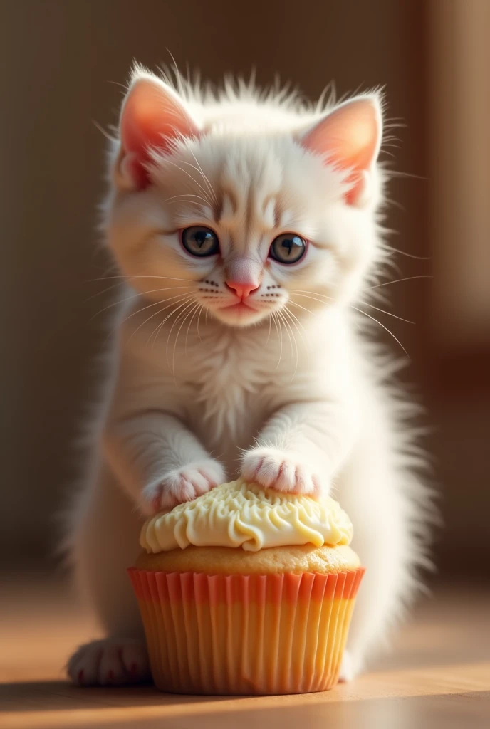 a very cute baby kitten, detailed paws, pink nose, sitting on a cupcake, 10 days old, chubby, realistic, 8k, highres, detailed fur, adorable expression, soft lighting, warm colors, photorealistic, detailed whiskers, detailed eyes, detailed nose, detailed mouth, detailed paws, detailed toe beans, detailed ears, detailed tail, detailed texture, depth of field, volumetric lighting, cinematic lighting, studio lighting, professional photography, award winning photograph, intricate details, delicate features, plump body, fluffy fur, endearing pose