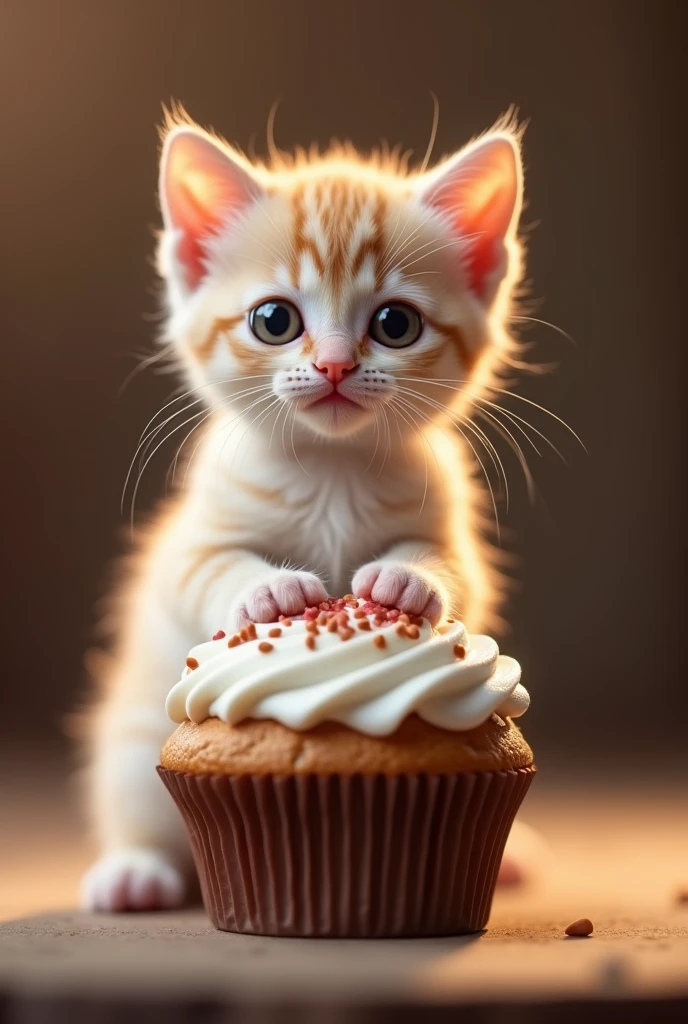 a very cute baby kitten, detailed paws, pink nose, sitting on a cupcake, 10 days old, chubby, realistic, 8k, highres, detailed fur, adorable expression, soft lighting, warm colors, photorealistic, detailed whiskers, detailed eyes, detailed nose, detailed mouth, detailed paws, detailed toe beans, detailed ears, detailed tail, detailed texture, depth of field, volumetric lighting, cinematic lighting, studio lighting, professional photography, award winning photograph, intricate details, delicate features, plump body, fluffy fur, endearing pose