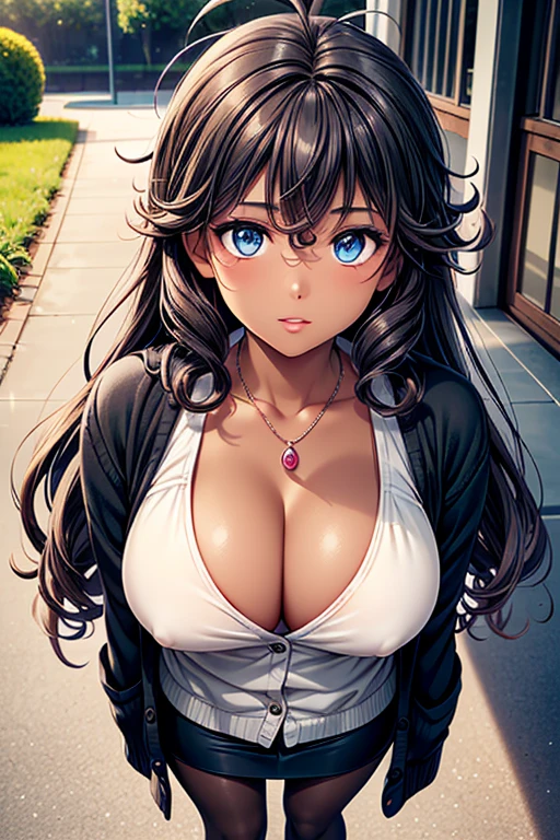 #Basic
A girl posing for a photo, (((One Girl))), (((Baby Face:1.4)) + ((cute:1.4)) + (())),
break
#Clothing Accessories
((White pencil skirt)) + ((Black camisole)) + ((Cream sheer cardigan:1.4)) + ((thin black pantyhose)) + (Black high heels), (Red Gem Earrings), (Silver Necklace),
break
#Features
((Black Hair:1.2)) + ((Diagonal bangs)) + ((very long transverse hair)) + ((Long Hair : Curly hair:1.4 + Wild Hair + Voluminous Hair + Bedhead:1.5)),
((Droopy eyes:1.4, Big eyes:1.2), blue eyes), (Small breasts:1.2), (中立的な顔のFeatures), (Tanned dark skin:1.4),
break
#background environment
((noon, Sunlit park walkway)),
#Facial Expression Pose
((smile)), ((Walking with strength and confidence)),
#composition
((Angle from the front:1.2, Cowboy Shot)),
break
#Body parts elements
(Slim figure),
(Symmetrical facial features),
(Detailed Hair, Beautiful Hair, Shiny Hair),
(double eyelid, Long eyelashes, Thin eyebrows:0.5, Thin eyebrows:0.5),
(Expression of fine eyes, Beautiful and delicate eyes, Sparkling eyes, Eye Reflexes, Glitter Eyeliner),
(Human Ear),
(Beautiful Nose, Thin Nose),
(Glossy Lips, Beautiful Lips, Thick lips),
(Textured skin, Detailed skin, Textured skin, Beautiful Skin, Oily skin),
break
#quality
(((最高quality)), ((masterpiece:1.3)), ((Very detailed))), ((Ultra-high resolution)), ((16K)), ((1080P)), ((Full HD)),
((Anatomically correct)), ((Realistic)), (3DCG), ((Oil painting)),
((comics, anime)), (CG illustration), (RAW Photos),