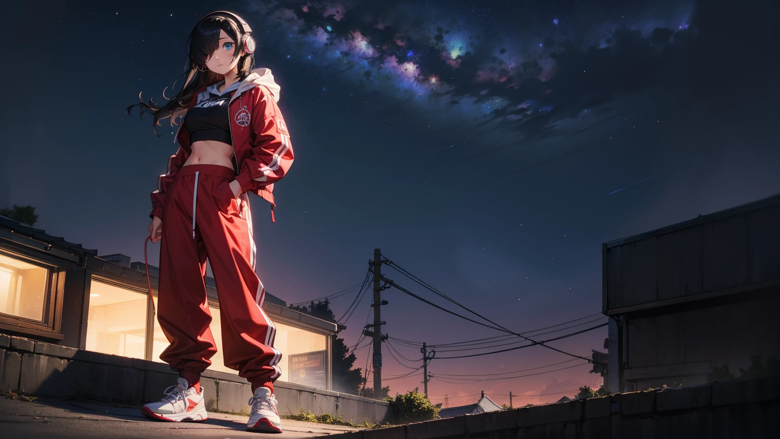 (best quality), ((masterpiece)), (highres), illustration, original, extremely detailed, 1girl, headphones, solo, Electric guitar Amplifile Guitar, sky background, midriff, pants, blue eyes, hair over one eye, simple background, shoes, black hair, long hair, hood, full body, red jacket, looking at viewer, hoodie, sneakers, hoop earrings, crop top, red pants, standing, jacket, baggy pants, dark-skinned female, breasts, closed mouth，night Sky, night, rooftop ,