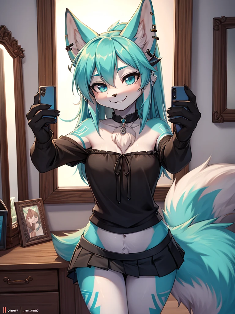 Miku Hatsune, add high definition_detail:1, blue fur,kitsune ears, tribal tattoo add_detail:1, She takes a selfie in front of the mirror in a room during a full moon showing off her beautiful figure and her outfit. (black blouse bare shoulders, pleated mini skirt)sweaty body add_details:1, smiling add_detailsl:1, ear piercing add_detail:1