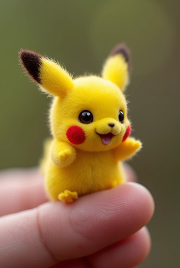 photoréaliste, 8k, Micro pikachu female bébé perché sur un doigt humain