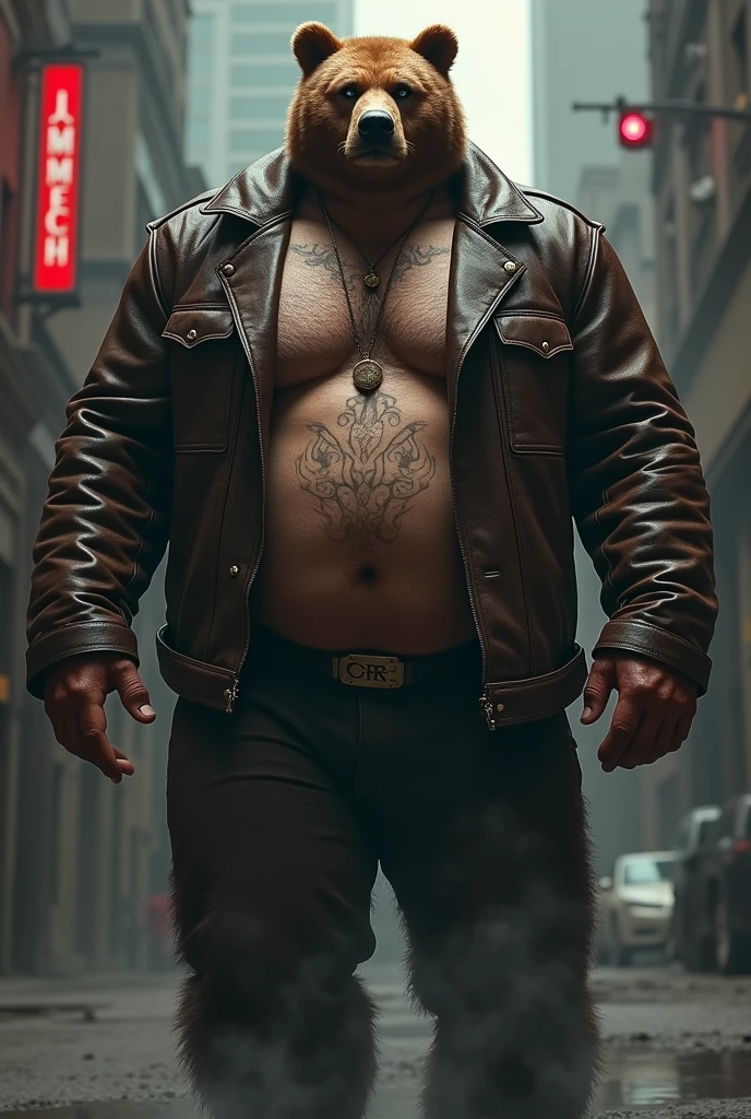 Big fat mafia bear in leather jacket getting into the body of a shirtless super muscular man 