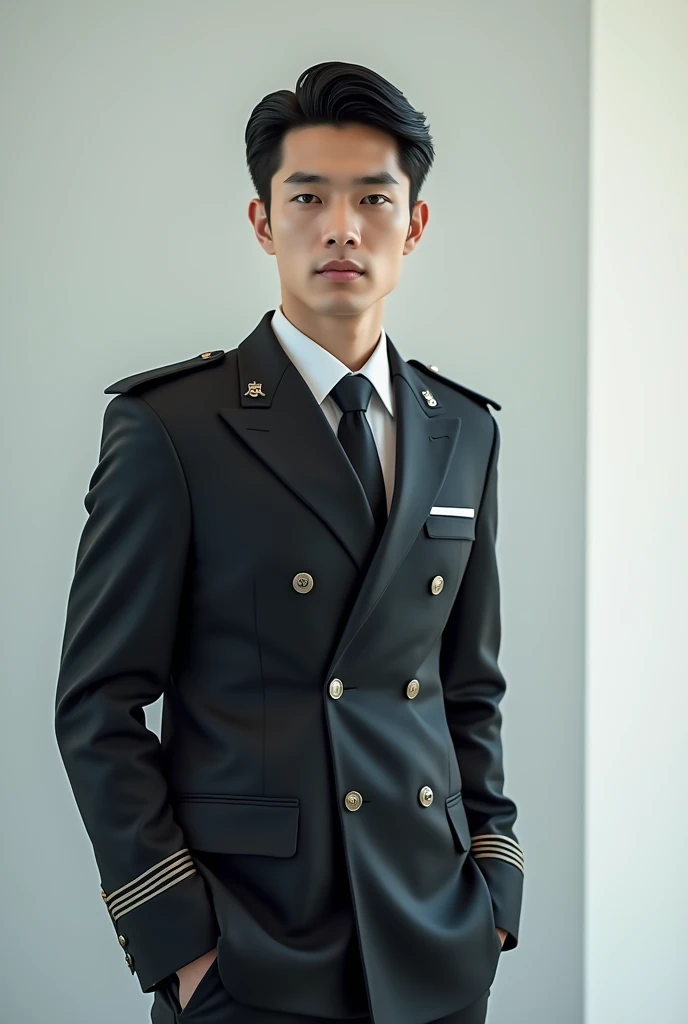 highest quality, a Very handsome man in militer cosplay, Relaxed, sit on a chair , minimalistic background, masterpiece, ultra detailed, as if a Man's shower gel hair Advertisement, active, dim lighting